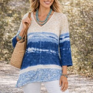 Chico’s Blue Cream Tie-Dye Coastal Tunic Top Size 2 (L) Beachy Boho 3/4 Sleeve